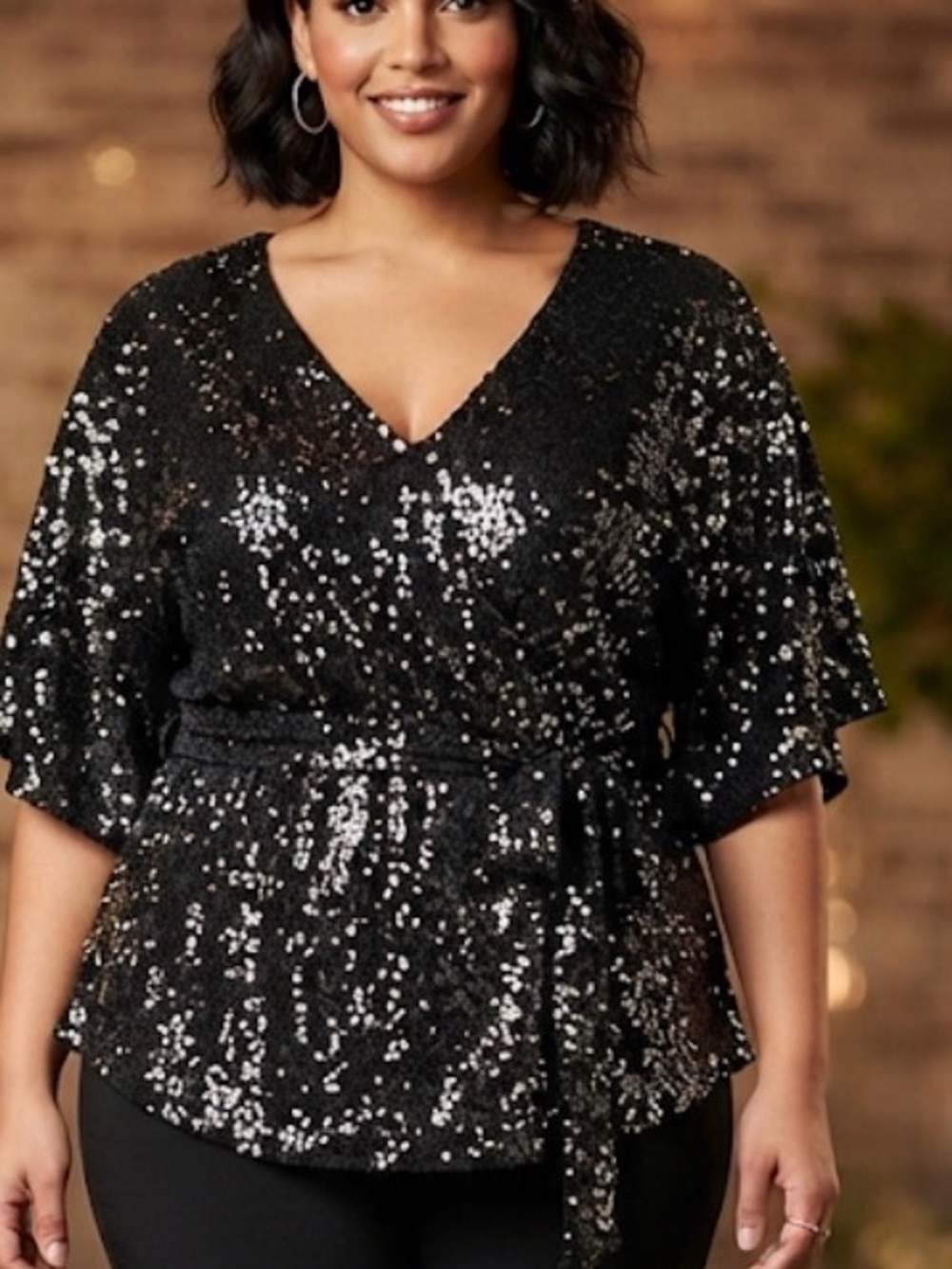Bold Elements Sequin Black Double V-Neck 3/4 Sleeve Blouse Size 1X